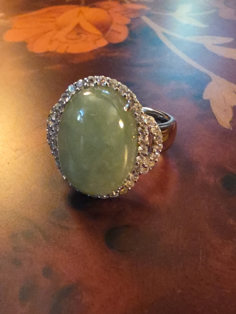 Green Oval Jade Halo Sterling Silver Ring with White Zircon Accents Size 10